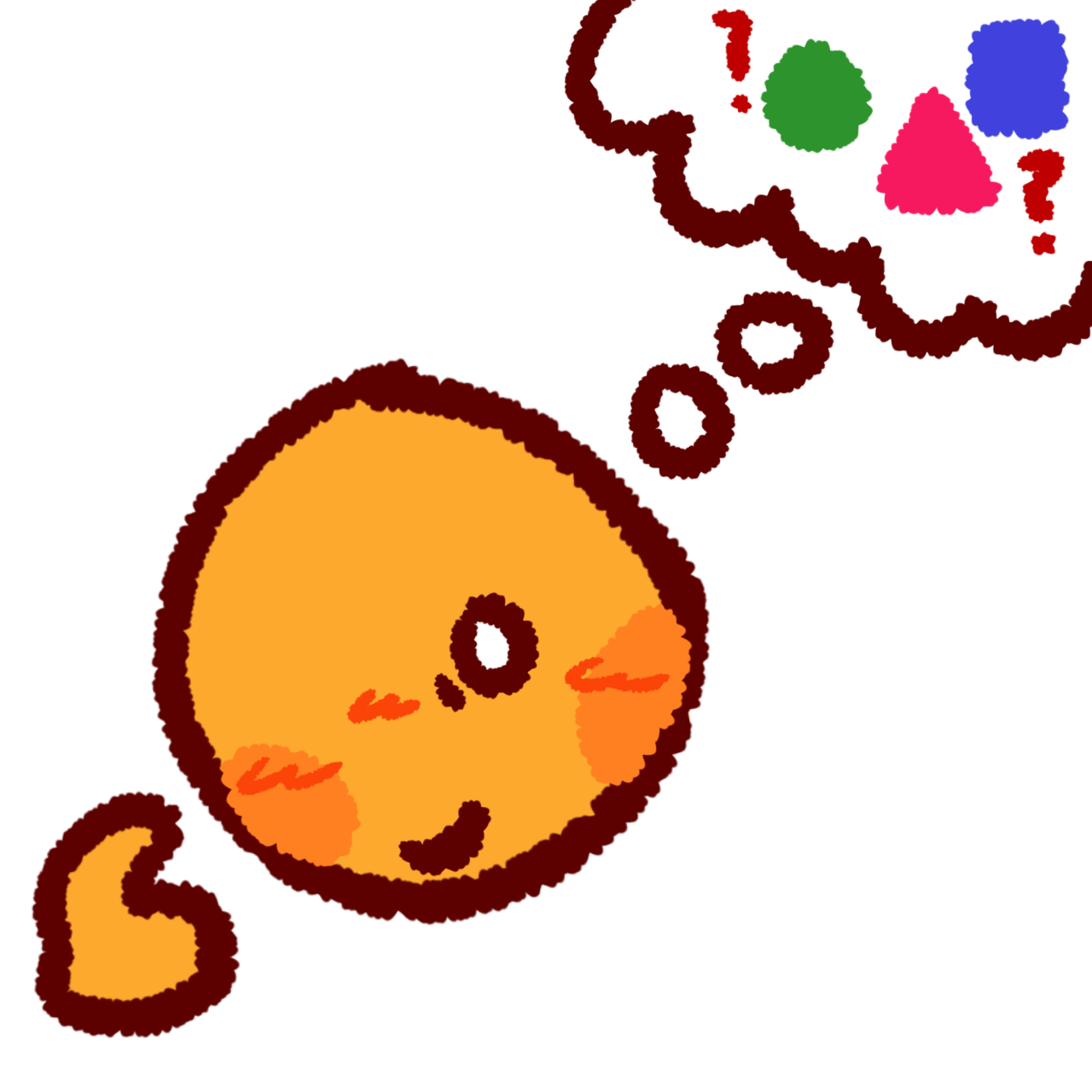 A yellow person with a thought bubble coming off of them. The thought bubble has a green circle, pink triangle and a blue square. The thought bubble also has red question marks inside.